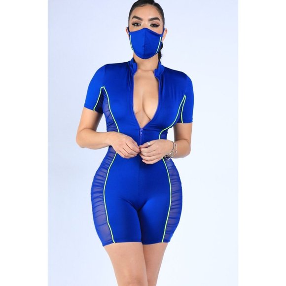 Women's Ruched Mesh Contrast Jumpsuit Romper Ladies Zipper Front Sexy Romper - Picture 5 of 12